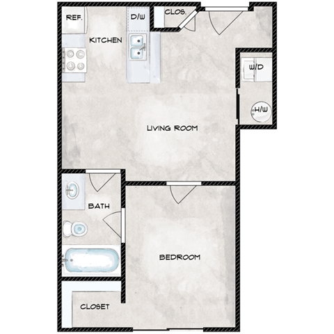 Floor plan for 1 bed, 1 bath, 425 sqft